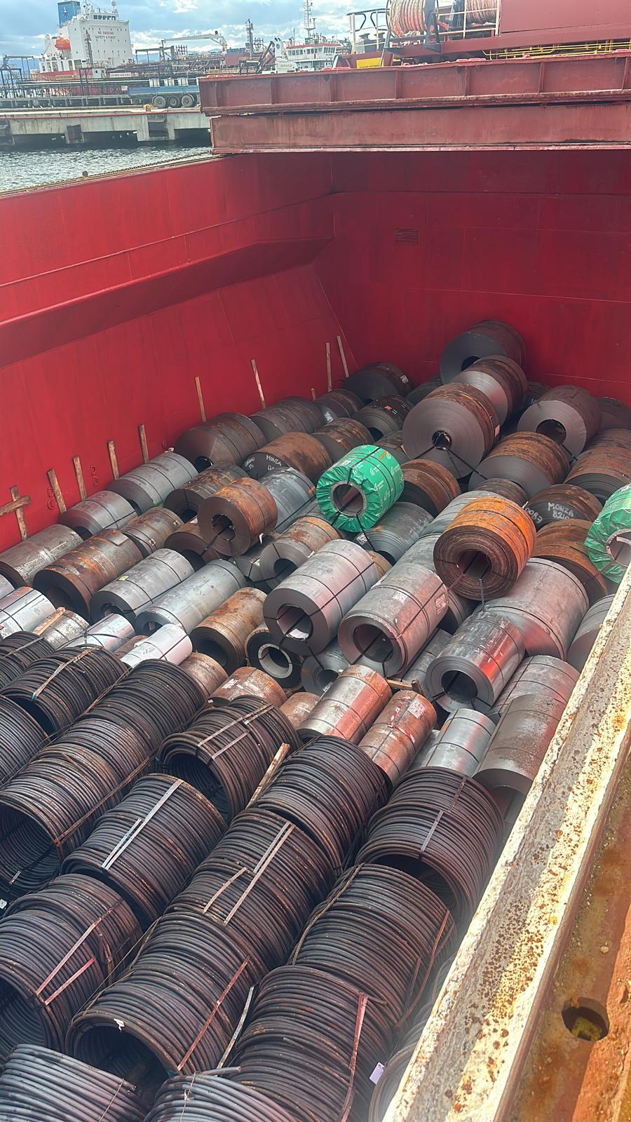 Steel coils stowed in ship hold