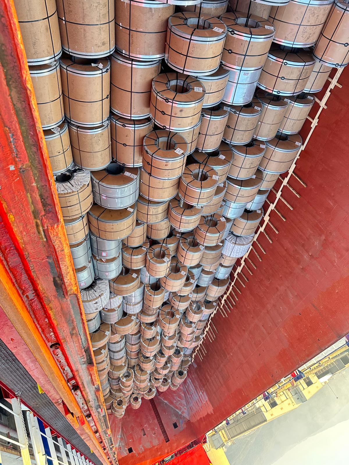 Steel coils aerial view in vessel hold