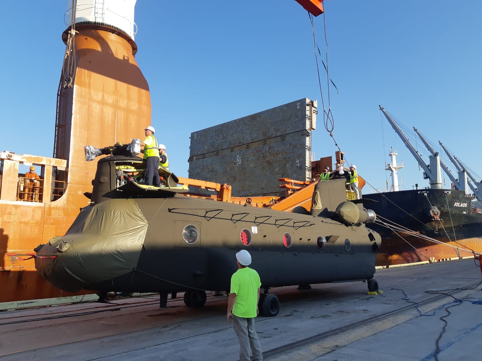 Chinook helicopter on cargo ship deck